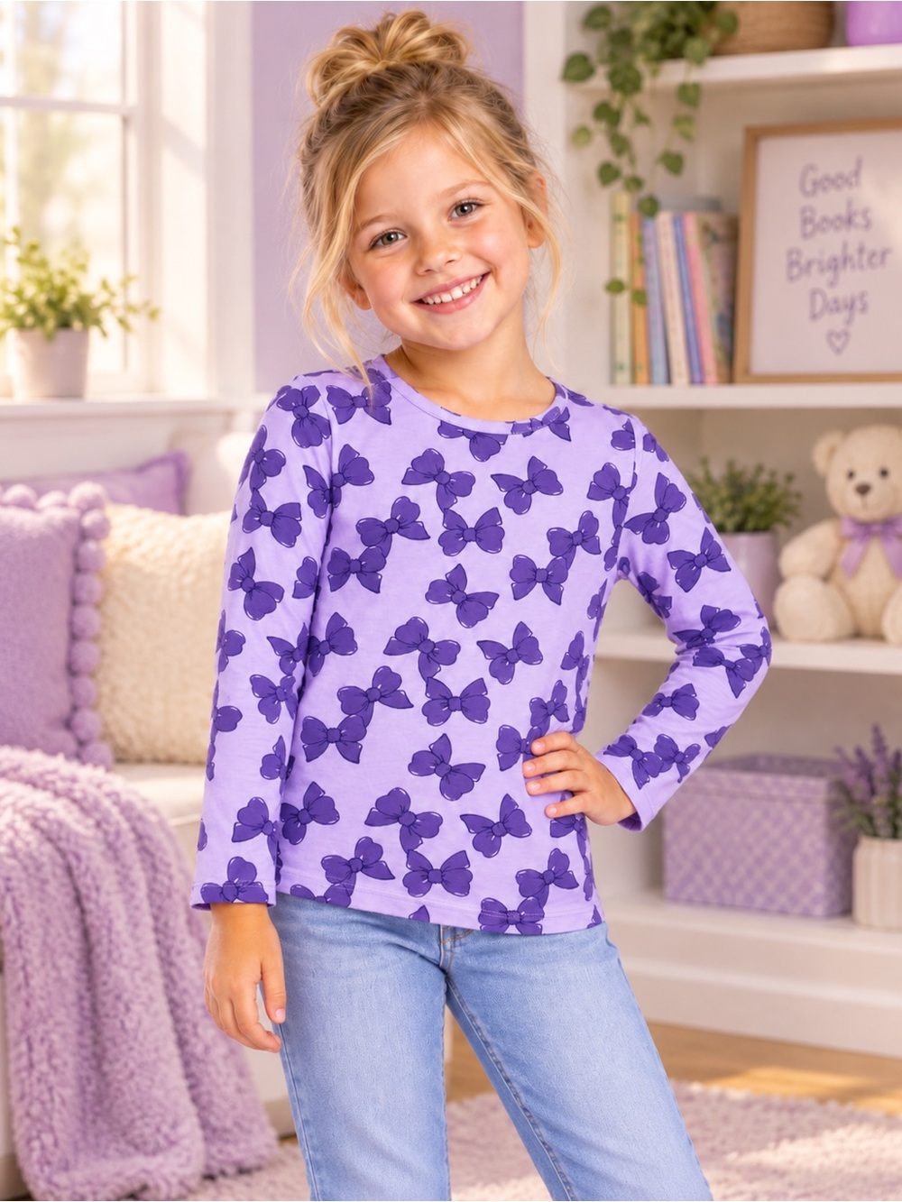 NWOT H&M Girls Purple Bow Print Long Sleeve Shirt Size 5T/6
